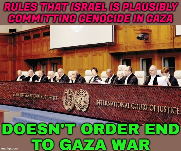 ICJ asks Israel to prevent genocide | RULES THAT ISRAEL IS PLAUSIBLY COMMITTING GENOCIDE IN GAZA; DOESN'T ORDER END
TO GAZA WAR | image tagged in international court of justice,world war 3,genocide,palestine,politics lol,law | made w/ Imgflip meme maker
