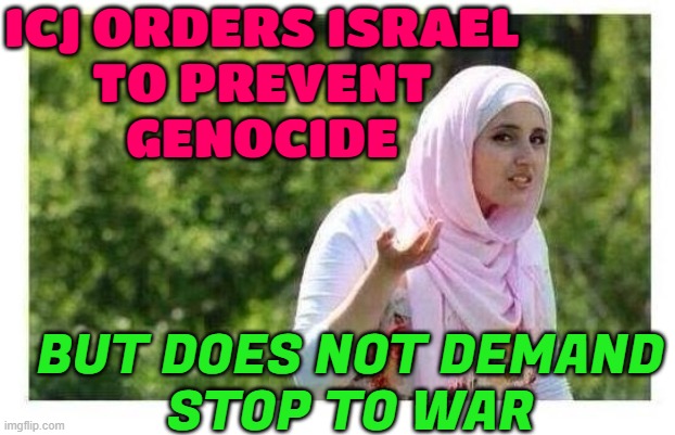 ICJ Asks Israel To Prevent Genocide. But Does Not Demand Stop To War. | ICJ ORDERS ISRAEL
TO PREVENT
GENOCIDE; BUT DOES NOT DEMAND
STOP TO WAR | image tagged in confused muslim girl,genocide,law,anti-islamophobia,palestine,politics lol | made w/ Imgflip meme maker