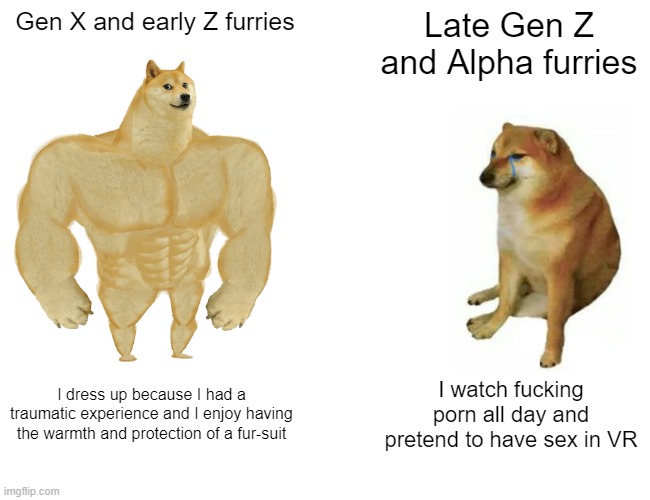 Buff Doge vs. Cheems Meme | Gen X and early Z furries; Late Gen Z and Alpha furries; I dress up because I had a traumatic experience and I enjoy having the warmth and protection of a fur-suit; I watch fucking porn all day and pretend to have sex in VR | image tagged in memes,buff doge vs cheems | made w/ Imgflip meme maker