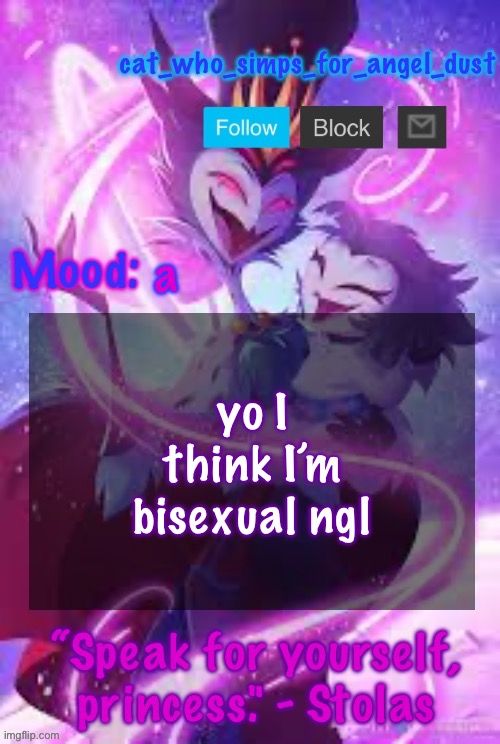I’m attracted to bicycles now guys | a; yo I think I’m bisexual ngl | image tagged in cat stolas temp | made w/ Imgflip meme maker