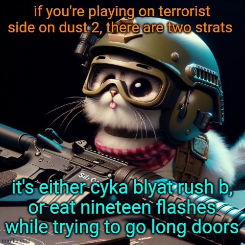 I experienced both in a competitive match on dust 2 yesterday | if you're playing on terrorist side on dust 2, there are two strats; it's either cyka blyat rush b,
or eat nineteen flashes while trying to go long doors | image tagged in silly critter but ai generated | made w/ Imgflip meme maker