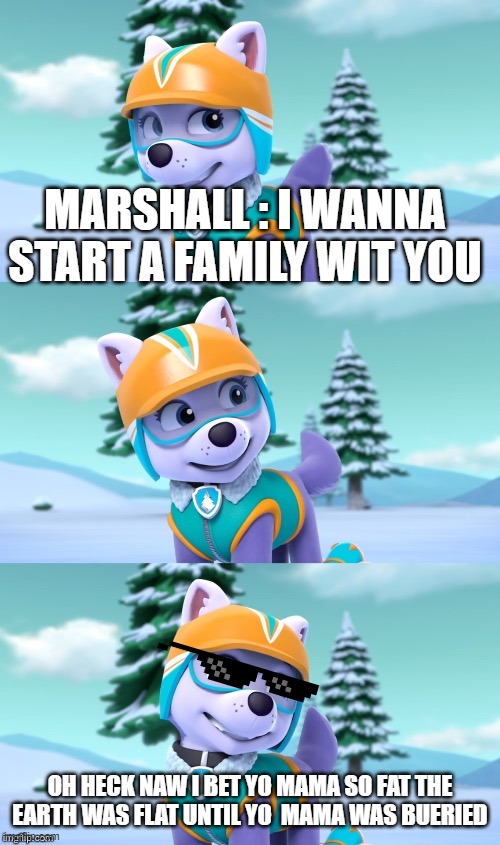 PAW Patrol Bad Pun Everest  | MARSHALL : I WANNA START A FAMILY WIT YOU; OH HECK NAW I BET YO MAMA SO FAT THE EARTH WAS FLAT UNTIL YO  MAMA WAS BUERIED | image tagged in paw patrol bad pun everest | made w/ Imgflip meme maker