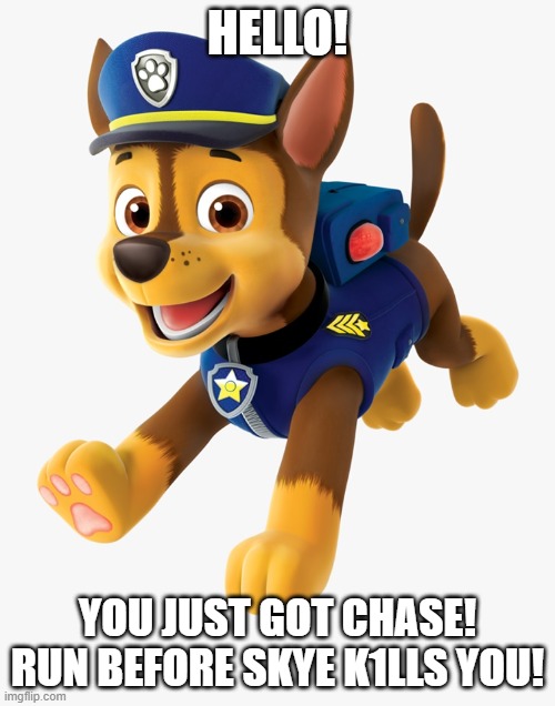Chase Paw Patrol | HELLO! YOU JUST GOT CHASE! RUN BEFORE SKYE K1LLS YOU! | image tagged in chase paw patrol | made w/ Imgflip meme maker