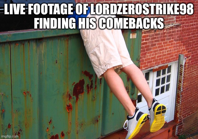 Lil bro said i want to make out with sonic when all i did was post sonic memes ☠️ | LIVE FOOTAGE OF LORDZEROSTRIKE98 FINDING HIS COMEBACKS | image tagged in dumpster dive | made w/ Imgflip meme maker