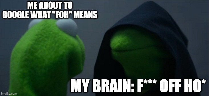 well i was pretty close it's f*** outta here | ME ABOUT TO GOOGLE WHAT "FOH" MEANS; MY BRAIN: F*** OFF HO* | image tagged in memes,evil kermit | made w/ Imgflip meme maker