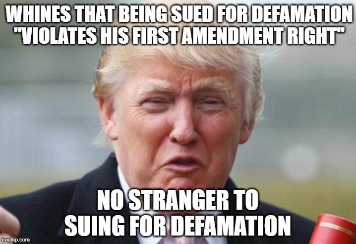 Hypocrisy be like... | WHINES THAT BEING SUED FOR DEFAMATION "VIOLATES HIS FIRST AMENDMENT RIGHT"; NO STRANGER TO SUING FOR DEFAMATION | image tagged in trump crybaby,hypocrite,liar,trump unfit unqualified dangerous,coward | made w/ Imgflip meme maker