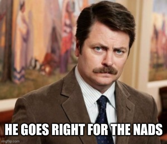 Ron Swanson Meme | HE GOES RIGHT FOR THE NADS | image tagged in memes,ron swanson | made w/ Imgflip meme maker