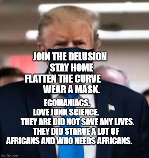 Trump Mask | JOIN THE DELUSION   STAY HOME FLATTEN THE CURVE        
   WEAR A MASK. EGOMANIACS.             LOVE JUNK SCIENCE.                THEY ARE DID NOT SAVE ANY LIVES. THEY DID STARVE A LOT OF AFRICANS AND WHO NEEDS AFRICANS. | image tagged in trump mask | made w/ Imgflip meme maker