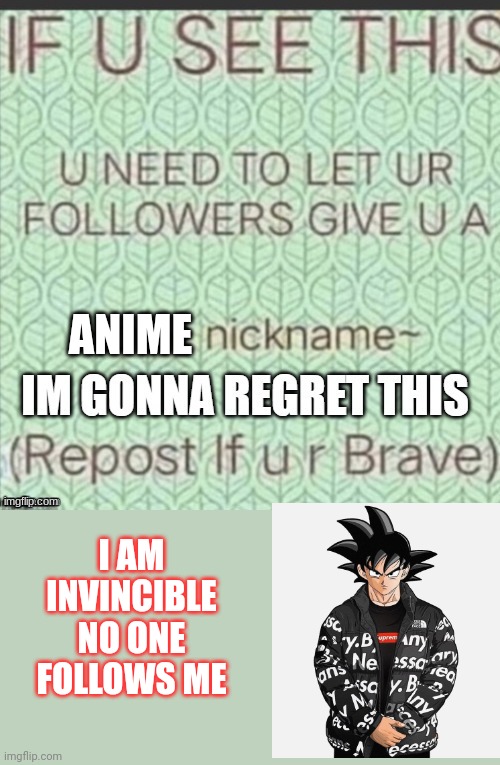 Invincible | ANIME; I AM INVINCIBLE NO ONE FOLLOWS ME | image tagged in cute nickname,repost,front page plz | made w/ Imgflip meme maker