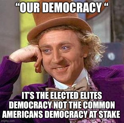 Biden’s Democracy | “OUR DEMOCRACY “; IT’S THE ELECTED ELITES DEMOCRACY NOT THE COMMON AMERICANS DEMOCRACY AT STAKE | image tagged in memes,creepy condescending wonka,funny | made w/ Imgflip meme maker