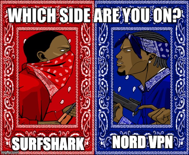 WHICH SIDE ARE YOU ON? | SURFSHARK; NORD VPN | image tagged in which side are you on,nord vpn,surfshark,vpn,internet,computer | made w/ Imgflip meme maker