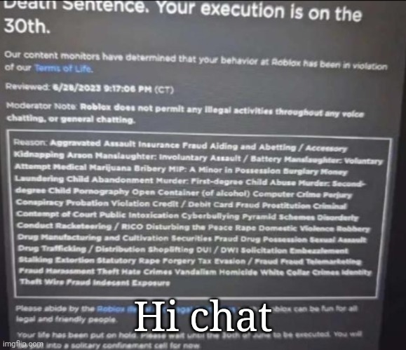 YOUR EXECUTION IS ON THE 30TH. | Hi chat | image tagged in your execution is on the 30th | made w/ Imgflip meme maker