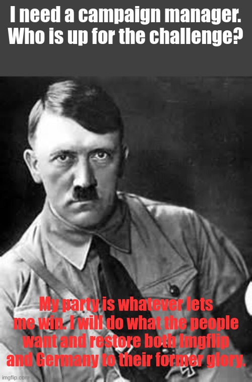 President | I need a campaign manager. Who is up for the challenge? My party is whatever lets me win. I will do what the people want and restore both Imgflip and Germany to their former glory. | image tagged in adolf hitler | made w/ Imgflip meme maker