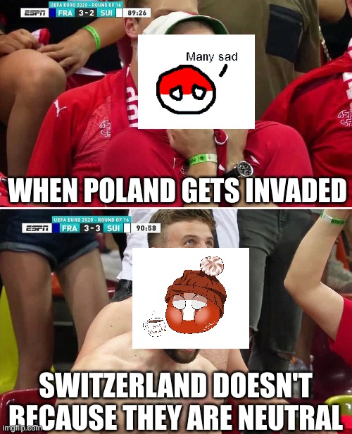 Euro 2020 Swiss Fan | WHEN POLAND GETS INVADED; SWITZERLAND DOESN'T BECAUSE THEY ARE NEUTRAL | image tagged in euro 2020 swiss fan | made w/ Imgflip meme maker