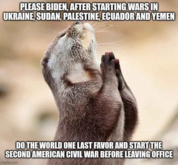 A SECOND AMERICAN CIVIL WAR is About to Start in Texas Over the Mexico Border Conflicts | PLEASE BIDEN, AFTER STARTING WARS IN UKRAINE, SUDAN, PALESTINE, ECUADOR AND YEMEN; DO THE WORLD ONE LAST FAVOR AND START THE SECOND AMERICAN CIVIL WAR BEFORE LEAVING OFFICE | image tagged in animal praying,america,american civil war,civil war,texas,joe biden | made w/ Imgflip meme maker