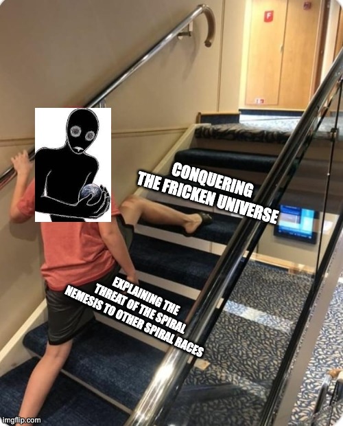 Happy 15th anniversery! | CONQUERING THE FRICKEN UNIVERSE; EXPLAINING THE THREAT OF THE SPIRAL NEMESIS TO OTHER SPIRAL RACES | image tagged in skipping steps,anime | made w/ Imgflip meme maker
