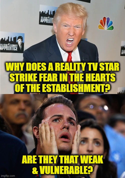 Fear & loathing campaign trail 2024 | WHY DOES A REALITY TV STAR
STRIKE FEAR IN THE HEARTS
OF THE ESTABLISHMENT? ARE THEY THAT WEAK
& VULNERABLE? | image tagged in trump | made w/ Imgflip meme maker