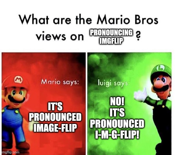Pronounce | PRONOUNCING IMGFLIP; IT'S PRONOUNCED IMAGE-FLIP; NO! IT'S PRONOUNCED I-M-G-FLIP! | image tagged in mario bros views,memes,funny,imgflip | made w/ Imgflip meme maker