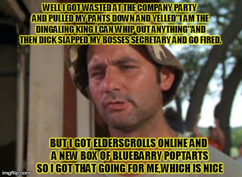 So I Got That Goin For Me Which Is Nice | WELL I GOT WASTED AT THE COMPANY PARTY AND PULLED MY PANTS DOWN AND YELLED"I AM THE DINGALING KING I CAN WHIP OUT ANYTHING"AND THEN DICK SLA | image tagged in memes,so i got that goin for me which is nice | made w/ Imgflip meme maker