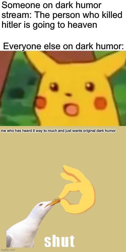 Surprised Pikachu | Someone on dark humor stream: The person who killed hitler is going to heaven; Everyone else on dark humor:; me who has heard it way to much and just wants original dark humor | image tagged in memes,surprised pikachu | made w/ Imgflip meme maker