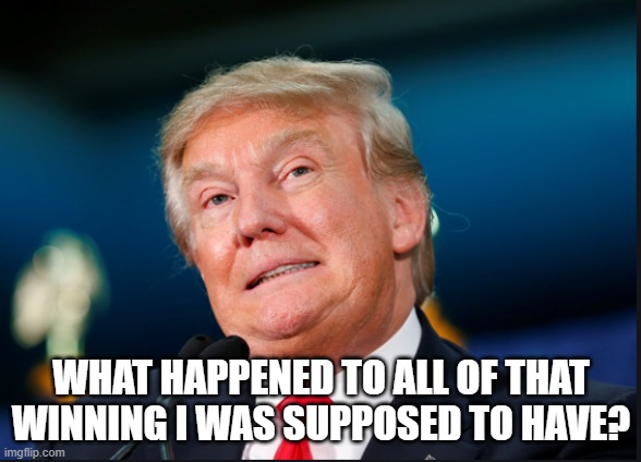 Donald Trump confused | WHAT HAPPENED TO ALL OF THAT WINNING I WAS SUPPOSED TO HAVE? | image tagged in donald trump confused | made w/ Imgflip meme maker