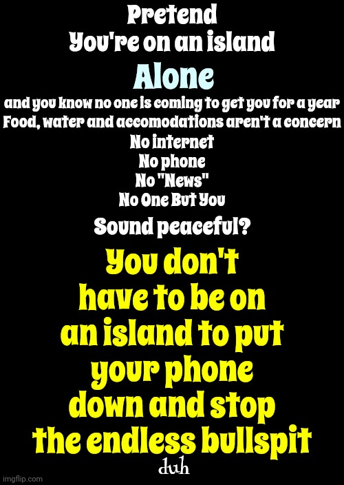 Alone | Pretend
You're on an island; Alone; You don't have to be on an island to put your phone down and stop the endless bullspit; and you know no one is coming to get you for a year; Food, water and accomodations aren't a concern; No internet
No phone
No "News"

No One But You; Sound peaceful? duh | image tagged in memes,keep calm and carry on black,cell phones,internet,addiction,let it go | made w/ Imgflip meme maker