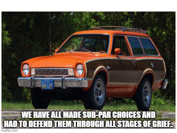 Regret | WE HAVE ALL MADE SUB-PAR CHOICES AND HAD TO DEFEND THEM THROUGH ALL STAGES OF GRIEF.. | image tagged in regret,pinto wagon,grief | made w/ Imgflip meme maker