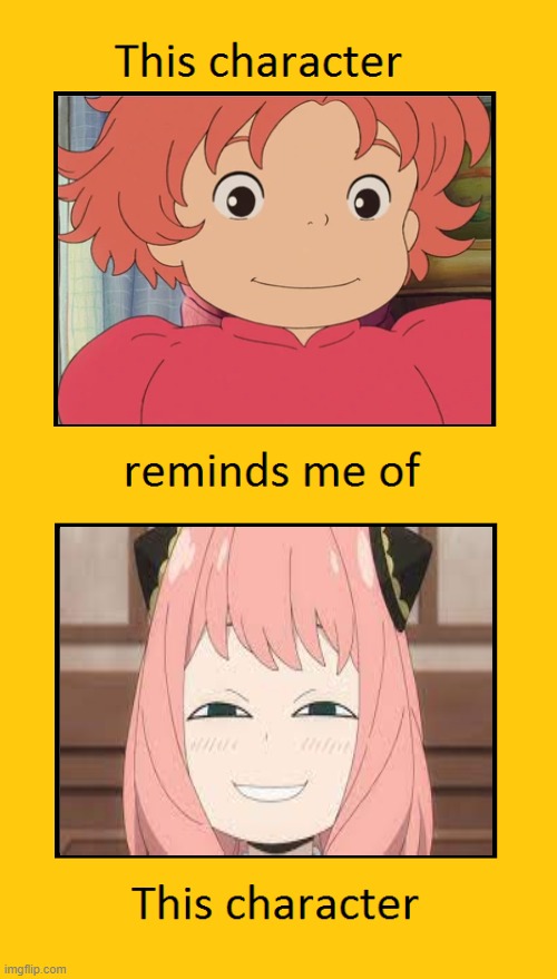 ponyo reminds me of anya forger | image tagged in this character reminds me of this character,spy x family,studio ghibli,kids,cuteness overload,aww | made w/ Imgflip meme maker