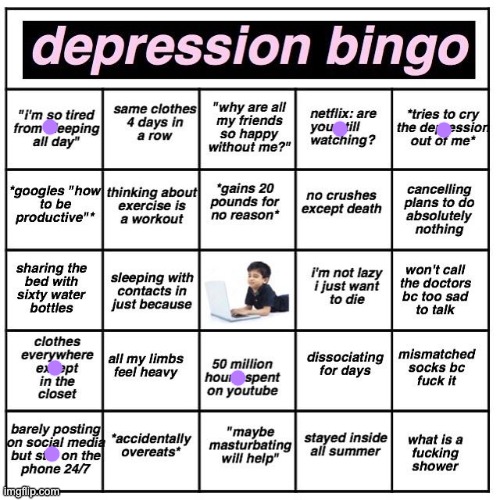 guess im not depressed yay | image tagged in depression bingo | made w/ Imgflip meme maker