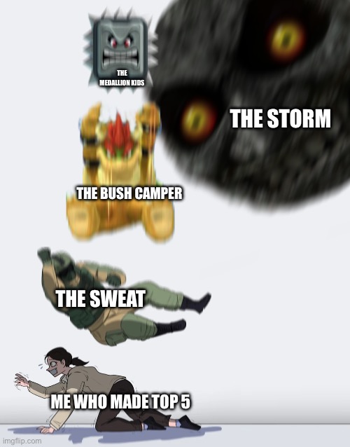 I hate bush campers | THE MEDALLION KIDS; THE STORM; THE BUSH CAMPER; THE SWEAT; ME WHO MADE TOP 5 | image tagged in crushing combo,fortnite | made w/ Imgflip meme maker
