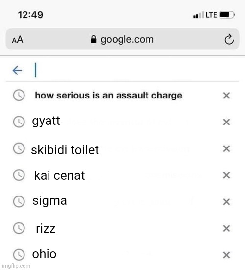 Google search history | gyatt; skibidi toilet; kai cenat; sigma; rizz; ohio | image tagged in google search history,gen alpha | made w/ Imgflip meme maker