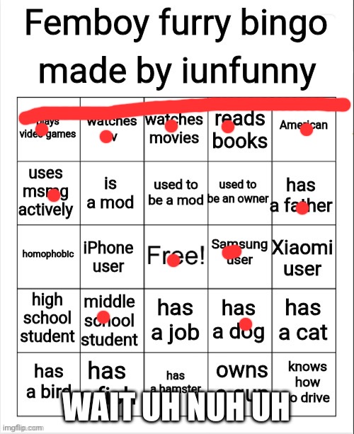 Erm what the scallop | WAIT UH NUH UH | image tagged in femboy furry bingo | made w/ Imgflip meme maker
