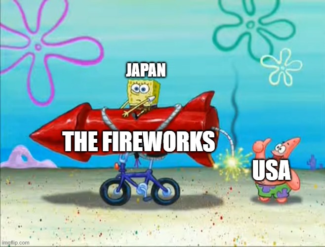 Spongebob, Patrick, and the firework | JAPAN USA THE FIREWORKS | image tagged in spongebob patrick and the firework | made w/ Imgflip meme maker