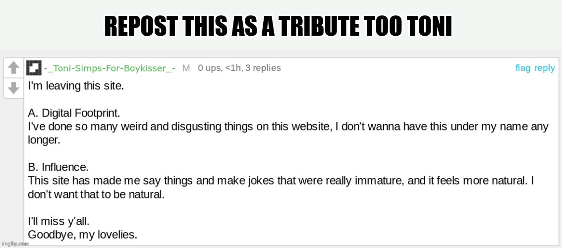 :( | image tagged in repost this as a tribute to toni | made w/ Imgflip meme maker
