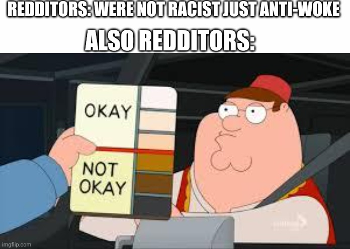 Reddits Sucks V2 | REDDITORS: WERE NOT RACIST JUST ANTI-WOKE; ALSO REDDITORS: | image tagged in white text box,racist peter griffin family guy | made w/ Imgflip meme maker