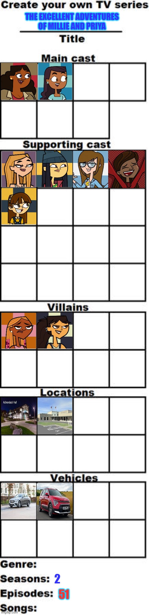 The Excellent Adventures of Millie and Priya | THE EXCELLENT ADVENTURES OF MILLIE AND PRIYA; 2; 51 | image tagged in total drama | made w/ Imgflip meme maker