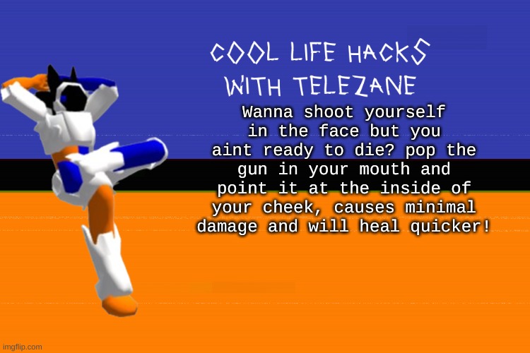 actual cool life hack | Wanna shoot yourself in the face but you aint ready to die? pop the gun in your mouth and point it at the inside of your cheek, causes minimal damage and will heal quicker! | image tagged in cool life hacks with telezane | made w/ Imgflip meme maker