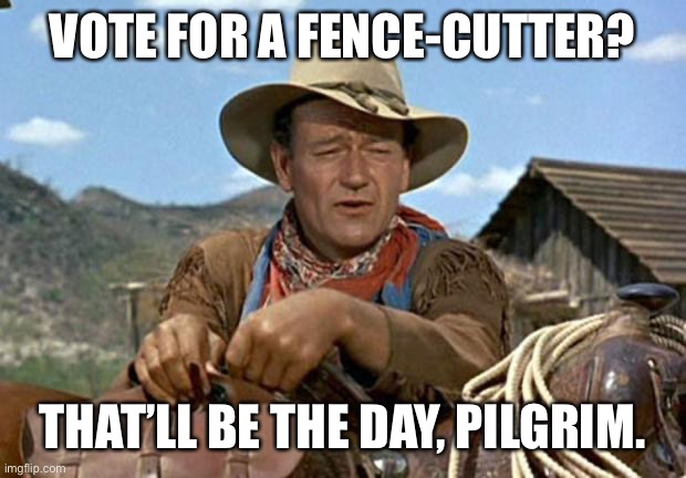 John wayne | VOTE FOR A FENCE-CUTTER? THAT’LL BE THE DAY, PILGRIM. | image tagged in john wayne | made w/ Imgflip meme maker
