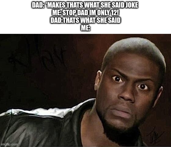 Kevin Hart Meme | DAD: *MAKES THATS WHAT SHE SAID JOKE 
ME: STOP DAD IM ONLY 12!
DAD:THATS WHAT SHE SAID
ME: | image tagged in memes,kevin hart | made w/ Imgflip meme maker