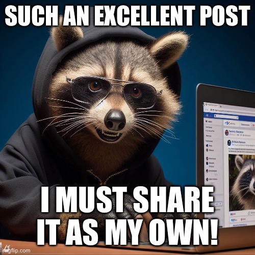 Facebook Reposter Raccoon | SUCH AN EXCELLENT POST; I MUST SHARE IT AS MY OWN! | image tagged in facebook,post,repost,raccoon,steal | made w/ Imgflip meme maker
