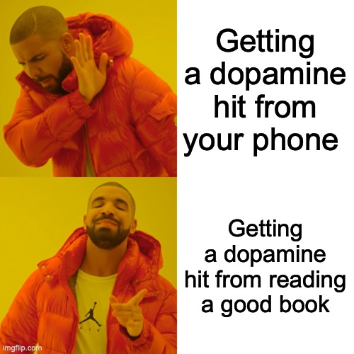 Drake Hotline Bling Meme | Getting a dopamine hit from your phone; Getting a dopamine hit from reading a good book | image tagged in memes,drake hotline bling | made w/ Imgflip meme maker