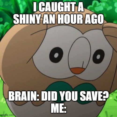 Rowlet Meme Template | I CAUGHT A SHINY AN HOUR AGO; BRAIN: DID YOU SAVE?
ME: | image tagged in rowlet meme template | made w/ Imgflip meme maker