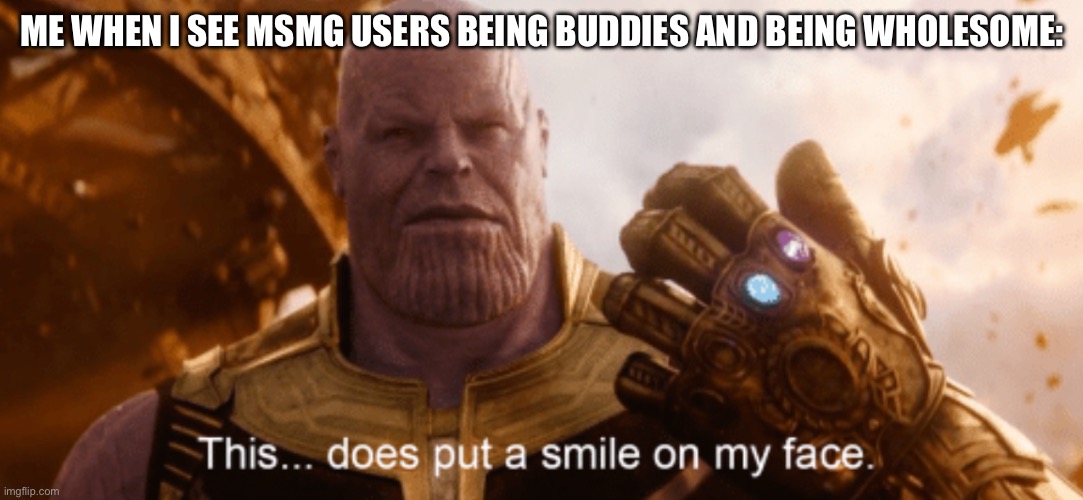 This Does Put a Smile to my Face | ME WHEN I SEE MSMG USERS BEING BUDDIES AND BEING WHOLESOME: | image tagged in this does put a smile to my face | made w/ Imgflip meme maker
