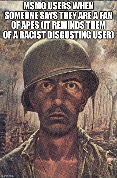 1000 yard stare | MSMG USERS WHEN SOMEONE SAYS THEY ARE A FAN OF APES (IT REMINDS THEM OF A RACIST DISGUSTING USER) | image tagged in 1000 yard stare | made w/ Imgflip meme maker