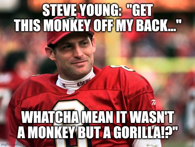Steve Young | STEVE YOUNG:  "GET THIS MONKEY OFF MY BACK..."; WHATCHA MEAN IT WASN'T A MONKEY BUT A GORILLA!?" | image tagged in steve young,joe,montana,gorilla glue | made w/ Imgflip meme maker