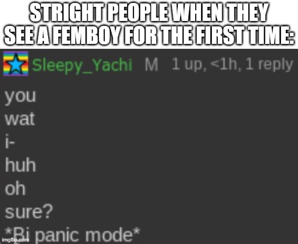 bi paink mode | STRIGHT PEOPLE WHEN THEY SEE A FEMBOY FOR THE FIRST TIME: | image tagged in bi paink mode,bisexual,femboy | made w/ Imgflip meme maker