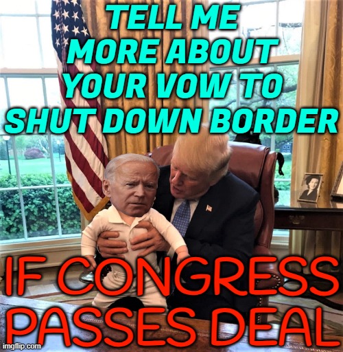 Biden vows to 'shut down the border' | TELL ME MORE ABOUT YOUR VOW TO SHUT DOWN BORDER; IF CONGRESS
PASSES DEAL | image tagged in trump and baby biden,creepy joe biden,sad joe biden,donald trump,'murica,politics lol | made w/ Imgflip meme maker