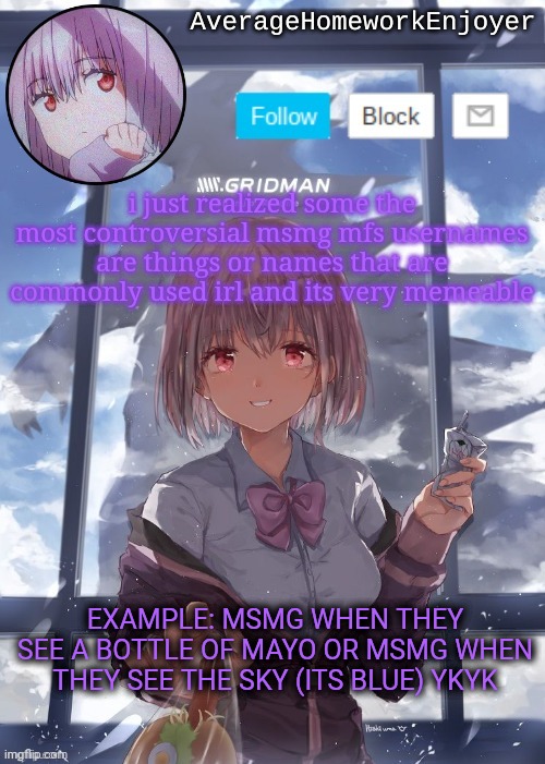 my random ass thoughts | i just realized some the most controversial msmg mfs usernames are things or names that are commonly used irl and its very memeable; EXAMPLE: MSMG WHEN THEY SEE A BOTTLE OF MAYO OR MSMG WHEN THEY SEE THE SKY (ITS BLUE) YKYK | image tagged in homework enjoyers temp | made w/ Imgflip meme maker