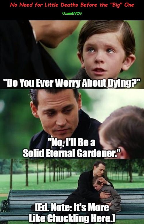 No Need for Little Deaths Before the "Big" One | No Need for Little Deaths Before the "Big" One; OzwinEVCG | image tagged in finding neverland,death,eternal gardener,dying,philosophy of life,human condition | made w/ Imgflip meme maker