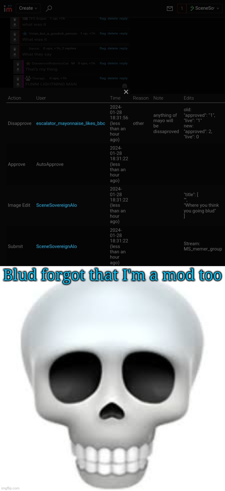Blud forgot that I'm a mod too | image tagged in skull | made w/ Imgflip meme maker